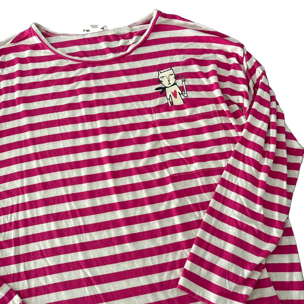 Loft sleep shirt womens M pink white striped crazy cat lady long sleeve pocket